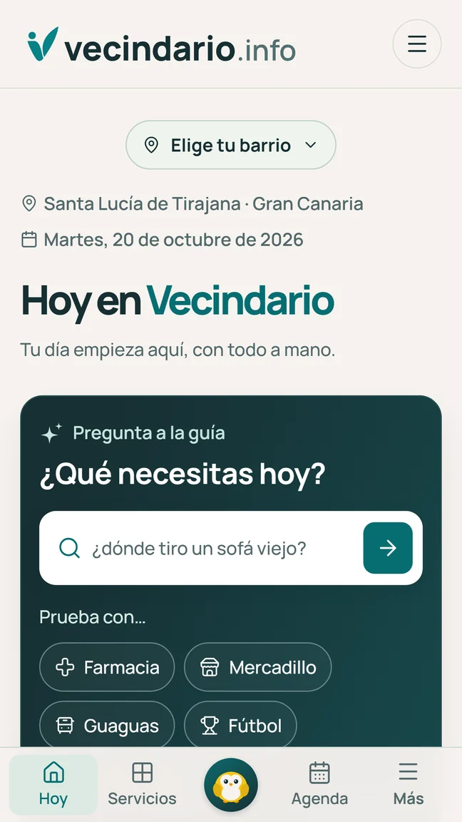 Portada real de la app de Vecindario con el buscador de la guía local