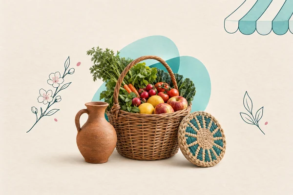 Ilustración de una cesta de mimbre con verdura y fruta, una jarra de barro y una tapa tejida, para el mercadillo agrícola y de artesanía del casco de Santa Lucía de Tirajana