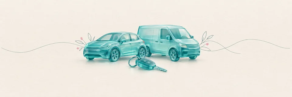 Ilustración de un coche y una furgoneta de cristal turquesa con una llave, portada del alquiler de coches y furgonetas de Vecindario