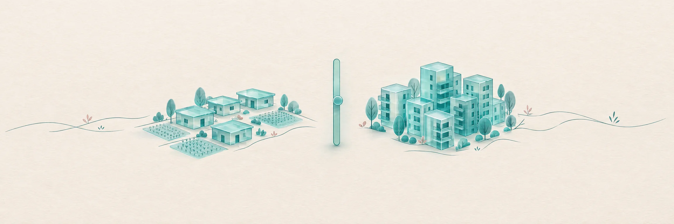 Así ha crecido Vecindario Ilustración de casas bajas y edificios de cristal turquesa separados por un comparador, portada de Así ha crecido Vecindario