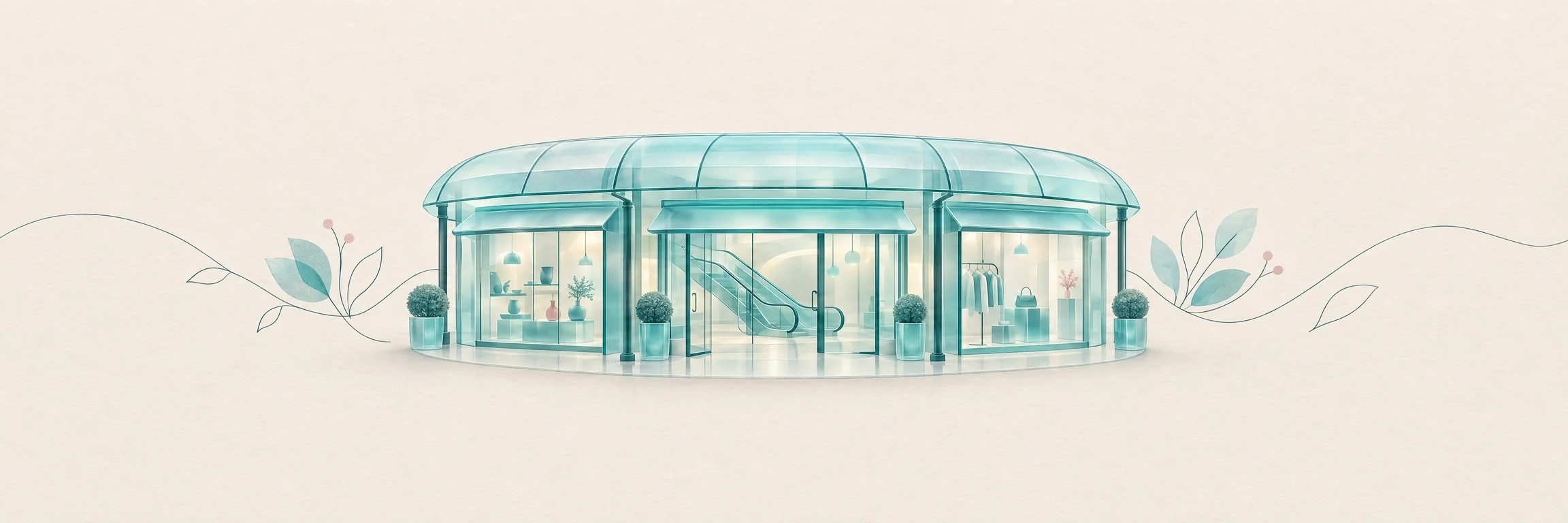Centros comerciales en Vecindario Ilustración de una galería comercial de cristal turquesa, portada de los centros comerciales de Vecindario