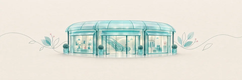 Ilustración de una galería comercial de cristal turquesa, portada de los centros comerciales de Vecindario