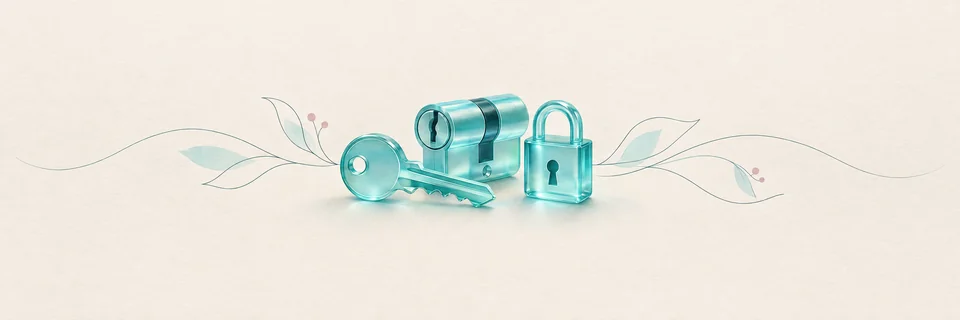 Ilustración de una llave, un bombín y un candado de cristal turquesa, portada de los cerrajeros de Vecindario