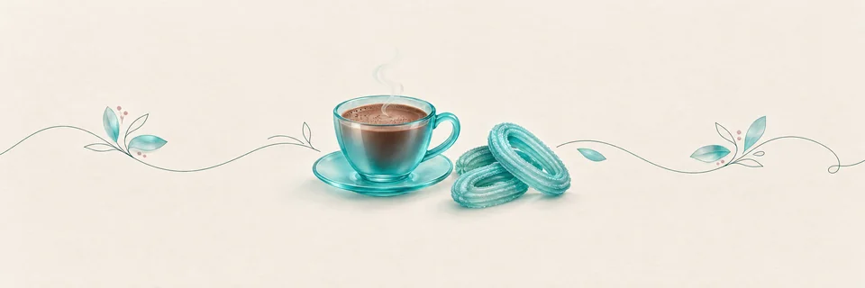 Ilustración de una taza de chocolate con churros de cristal turquesa, portada de las churrerías de Vecindario