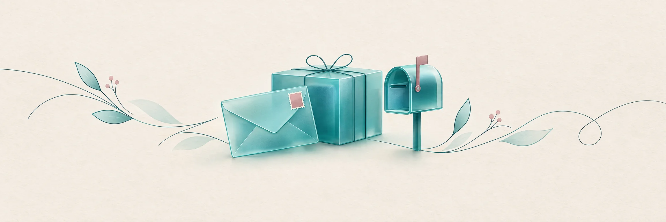 Correos en Vecindario Ilustración de un sobre con sello, un paquete y un buzón, portada de Correos en Vecindario