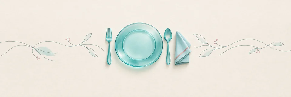 Ilustración de un plato con cubiertos de cristal turquesa, portada de restaurantes en Vecindario