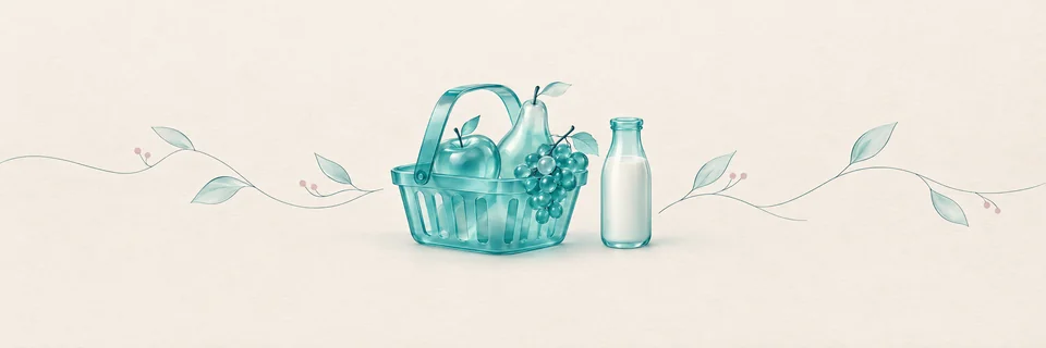 Supermercados en Vecindario Ilustración de una cesta de la compra con frutas de cristal turquesa, portada de los supermercados de Vecindario