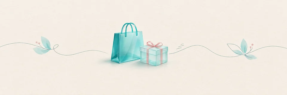 Ilustración de una bolsa de compra y un paquete de cristal turquesa, portada de las tiendas online con envío a Vecindario