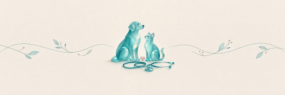 Ilustración de un perro y un gato de cristal turquesa junto a un fonendoscopio, portada de los veterinarios de Vecindario