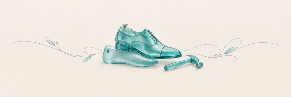 Ilustración de un zapato sobre una horma y un martillo de zapatero de cristal turquesa, portada de los zapateros de Vecindario